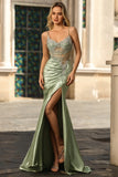 Sparkly Green Mermaid Ruched Long Corset Prom Dress with Slit