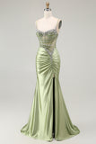 Sparkly Green Mermaid Corset Long Ruched Prom Dress with Slit