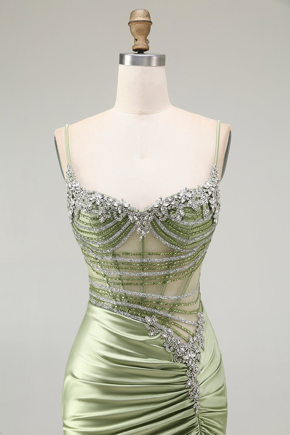 Sparkly Green Mermaid Corset Long Ruched Prom Dress with Slit