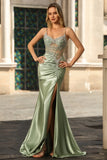Sparkly Green Mermaid Ruched Long Corset Prom Dress with Slit