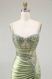 Sparkly Green Mermaid Corset Long Ruched Prom Dress with Slit