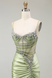 Sparkly Green Mermaid Corset Long Ruched Prom Dress with Slit