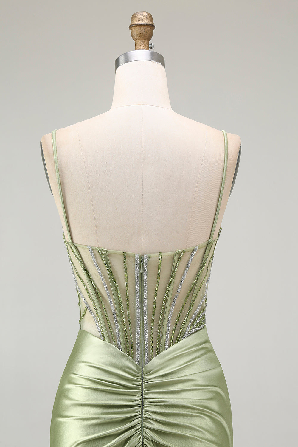 Sparkly Green Mermaid Corset Long Ruched Prom Dress with Slit