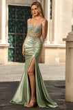 Sparkly Green Mermaid Ruched Long Corset Prom Dress with Slit
