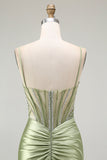 Sparkly Green Mermaid Corset Long Ruched Prom Dress with Slit