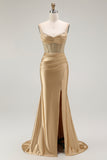 Sparkly Grey Mermaid Satin Long Corset Prom Dress with Slit