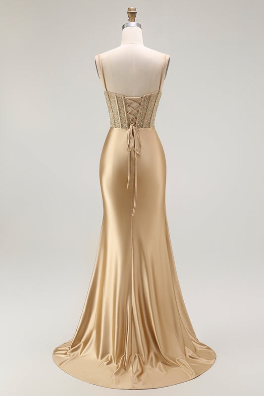 Sparkly Gold Satin Mermaid Long Corset Prom Dress with Slit