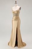 Sparkly Grey Mermaid Satin Long Corset Prom Dress with Slit