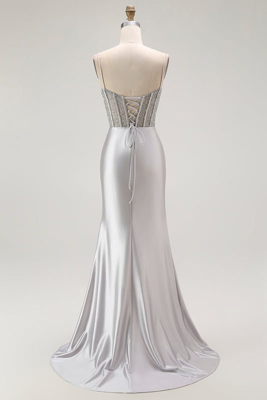 Sparkly Grey Mermaid Satin Long Corset Prom Dress with Slit