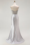 Sparkly Grey Mermaid Satin Long Corset Prom Dress with Slit