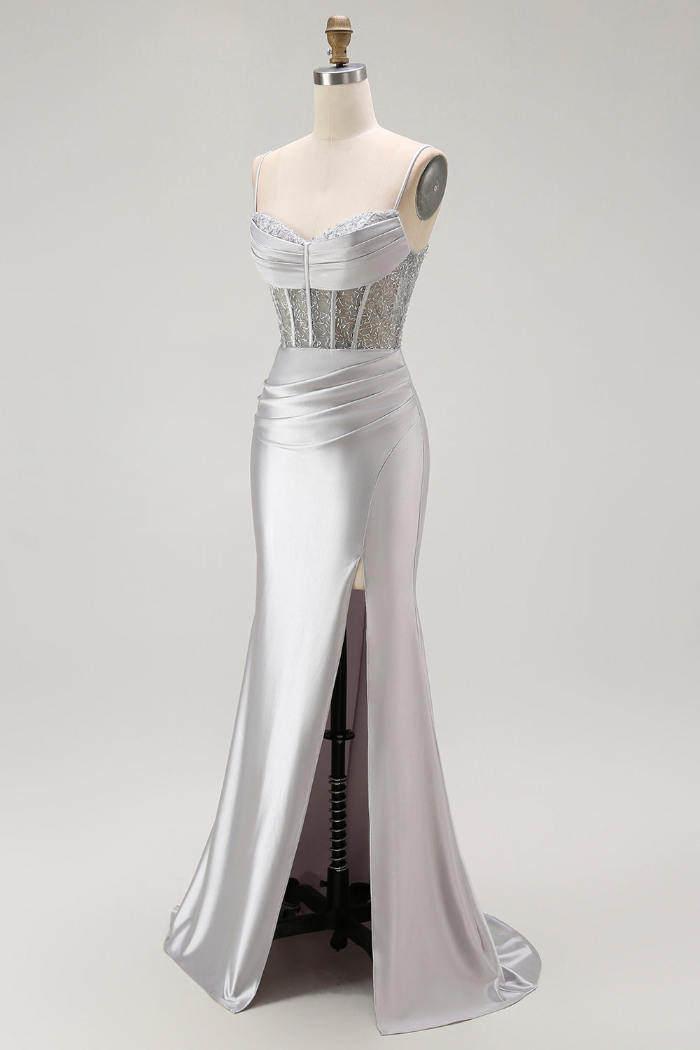 Sparkly Grey Mermaid Satin Long Corset Prom Dress with Slit