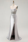 Sparkly Grey Mermaid Satin Long Corset Prom Dress with Slit