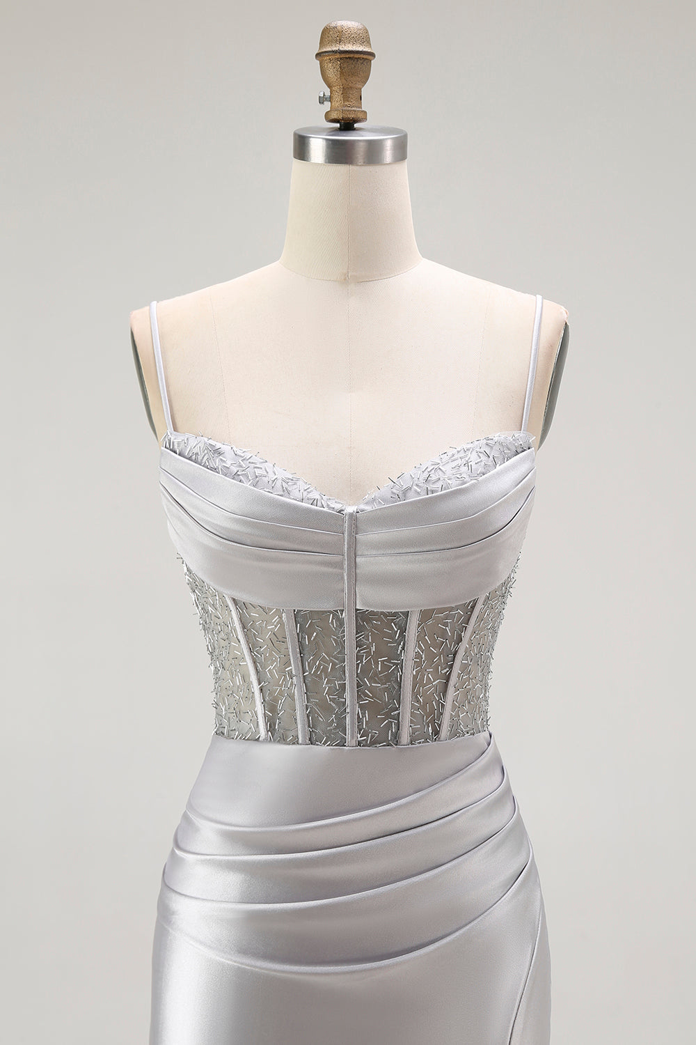 Sparkly Grey Mermaid Satin Long Corset Prom Dress with Slit
