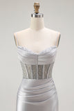 Sparkly Grey Mermaid Satin Long Corset Prom Dress with Slit