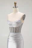 Sparkly Grey Mermaid Satin Long Corset Prom Dress with Slit
