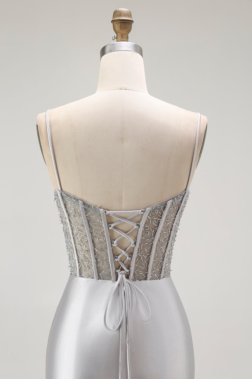 Sparkly Grey Mermaid Satin Long Corset Prom Dress with Slit