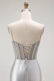 Sparkly Grey Mermaid Satin Long Corset Prom Dress with Slit