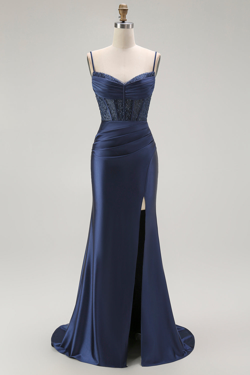 Sparkly Grey Mermaid Satin Long Corset Prom Dress with Slit
