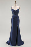 Sparkly Grey Mermaid Satin Long Corset Prom Dress with Slit