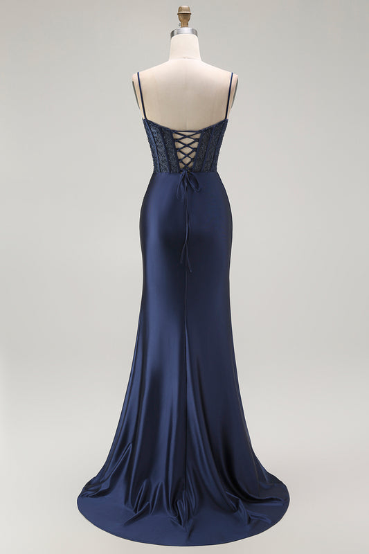 Sparkly Navy Satin Mermaid Long Corset Prom Dress with Beading