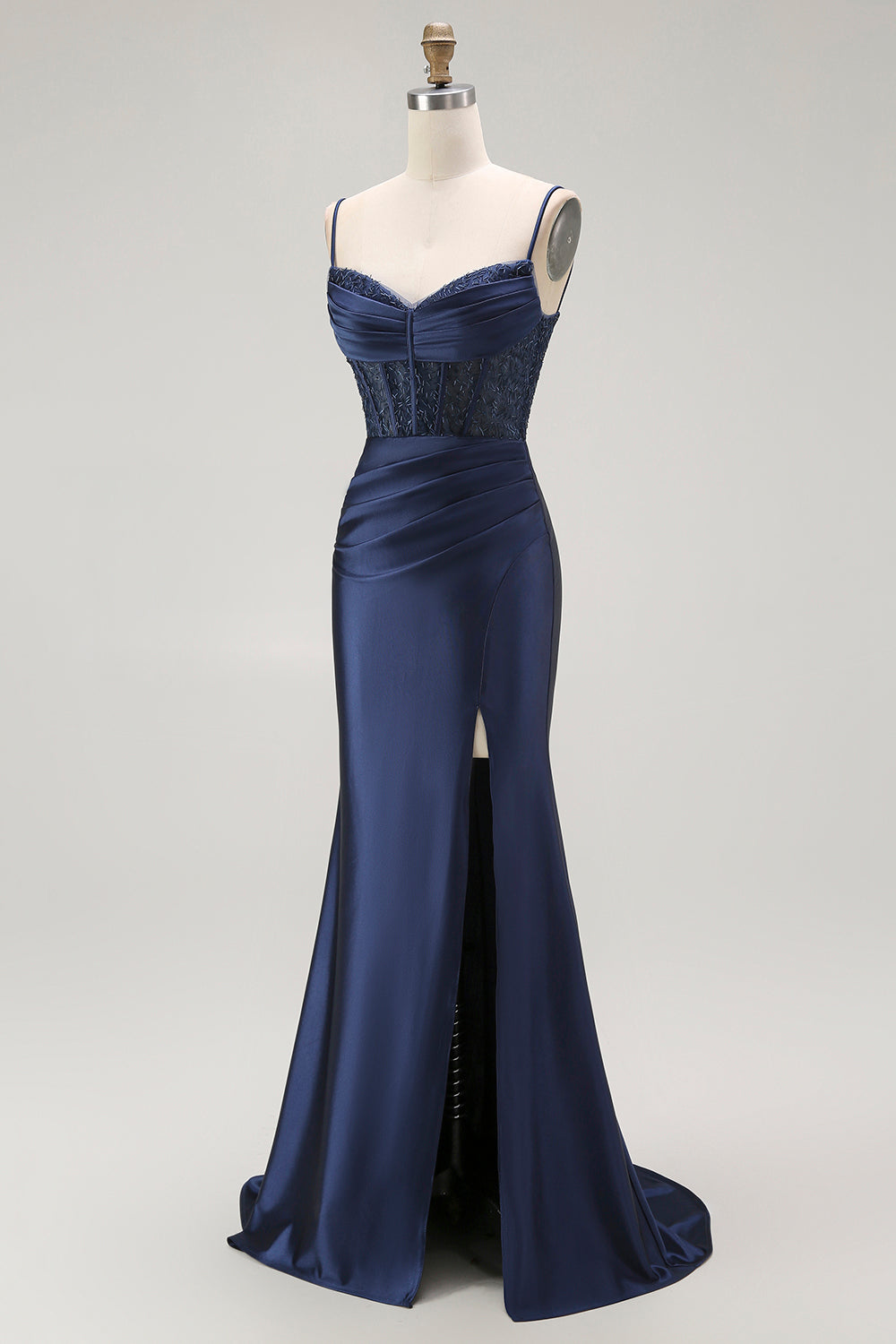 Sparkly Grey Mermaid Satin Long Corset Prom Dress with Slit