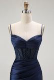 Sparkly Grey Mermaid Satin Long Corset Prom Dress with Slit