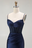 Sparkly Grey Mermaid Satin Long Corset Prom Dress with Slit