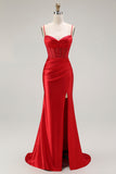 Sparkly Grey Mermaid Satin Long Corset Prom Dress with Slit