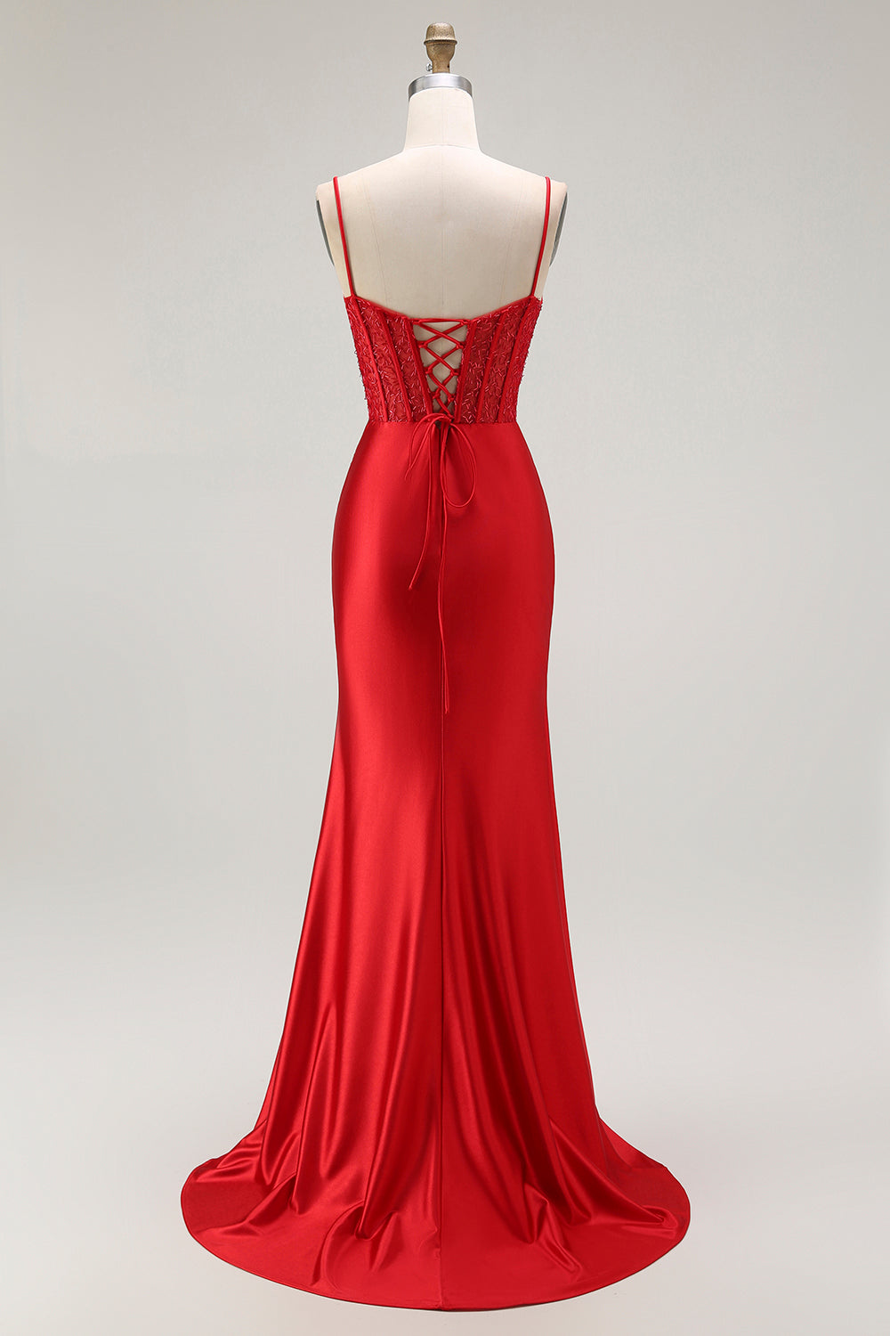 Zapakasa Women Sparkly Red Ruched Long Corset Prom Dress with Slit Mermaid Satin Spaghetti Straps Evening Dress with Beading