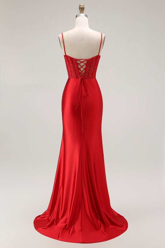 Sparkly Red Satin Ruched Long Corset Prom Dress with Slit