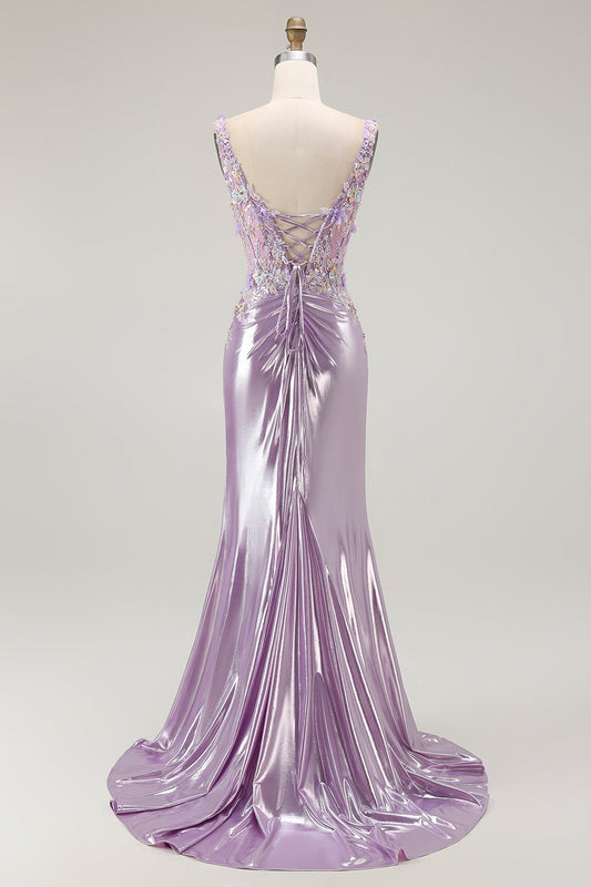 Sparkly Lilac Mermaid Floral Long Prom Dress with Slit