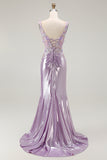 Sparkly Lilac Mermaid Floral Long Prom Dress with Slit