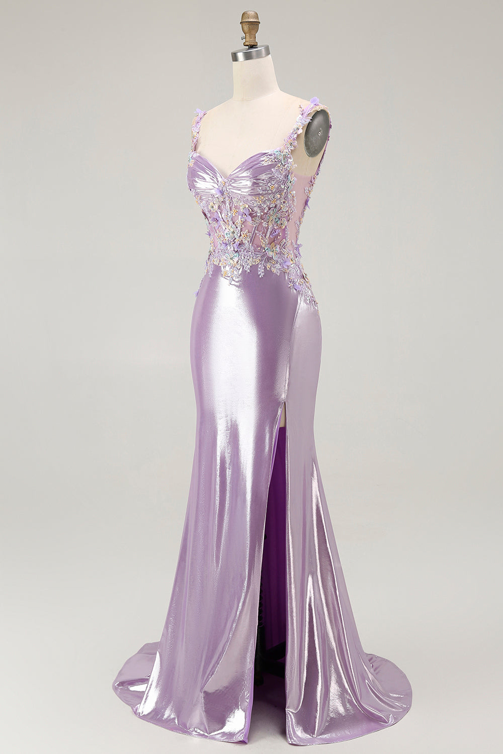 Sparkly Lilac Mermaid Floral Long Prom Dress with Slit
