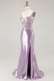 Sparkly Lilac Mermaid Floral Long Prom Dress with Slit