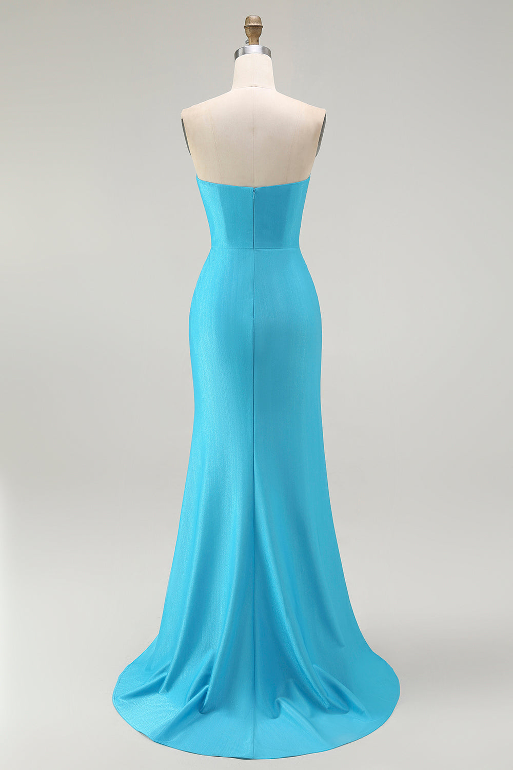 Sparkly Blue Satin Mermaid Ruched Long Prom Dress with Slit