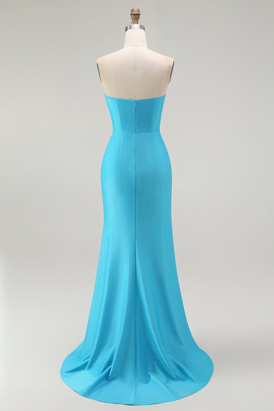 Sparkly Blue Satin Mermaid Ruched Long Prom Dress with Slit