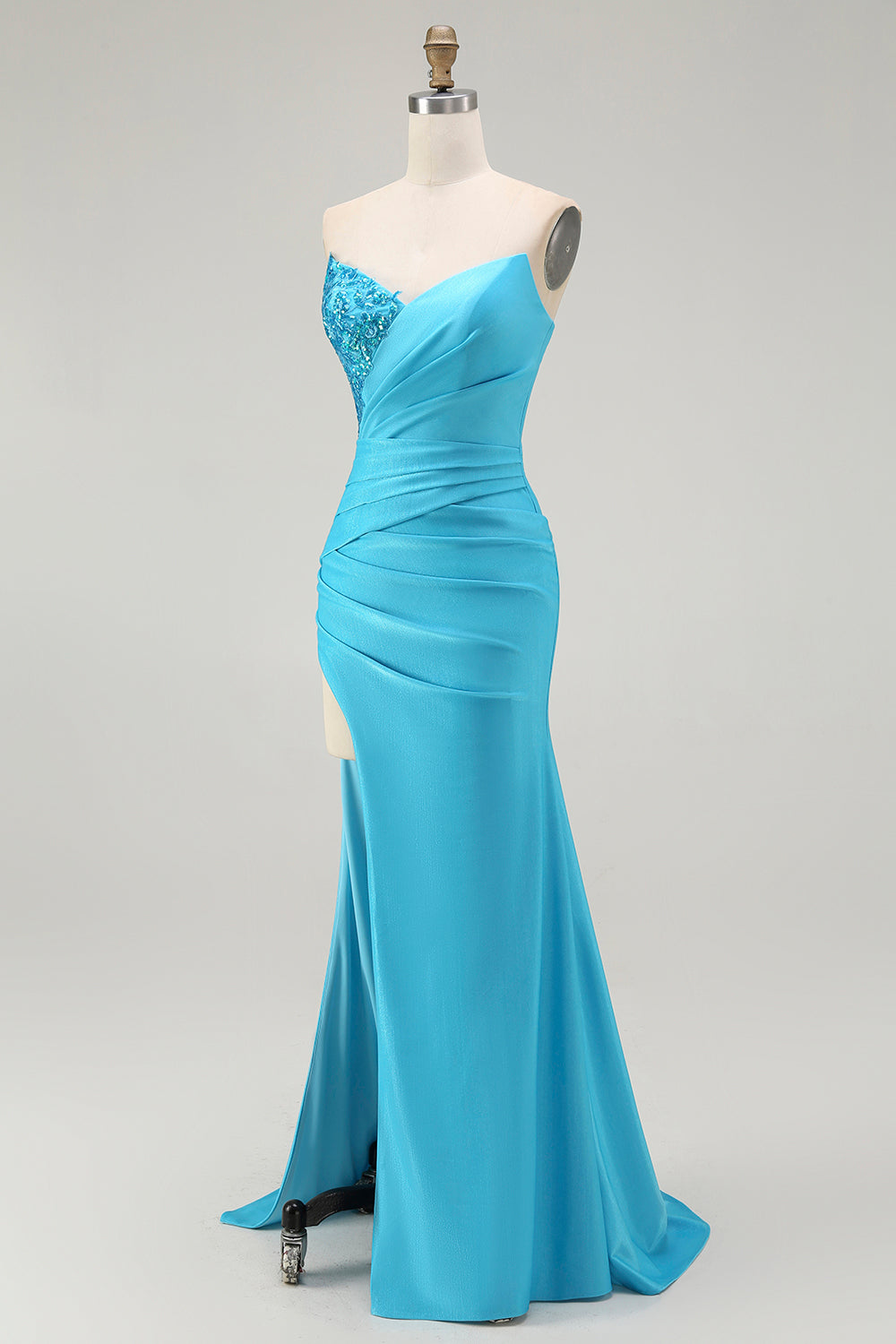 Sparkly Blue Satin Mermaid Ruched Long Prom Dress with Slit
