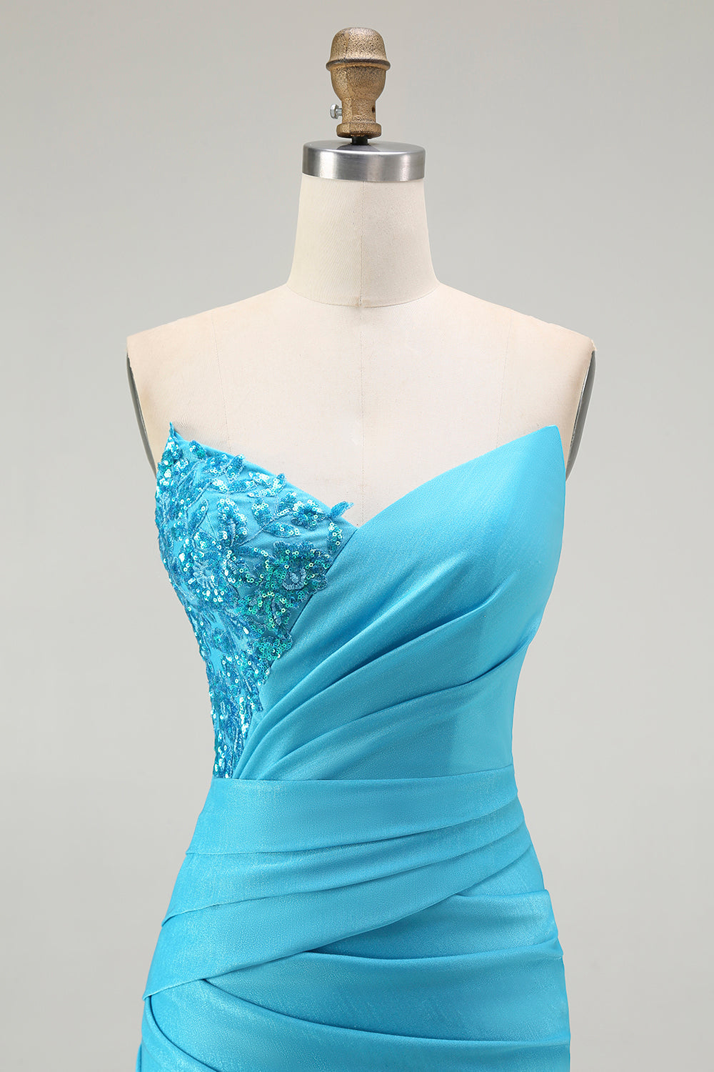 Sparkly Blue Satin Mermaid Ruched Long Prom Dress with Slit