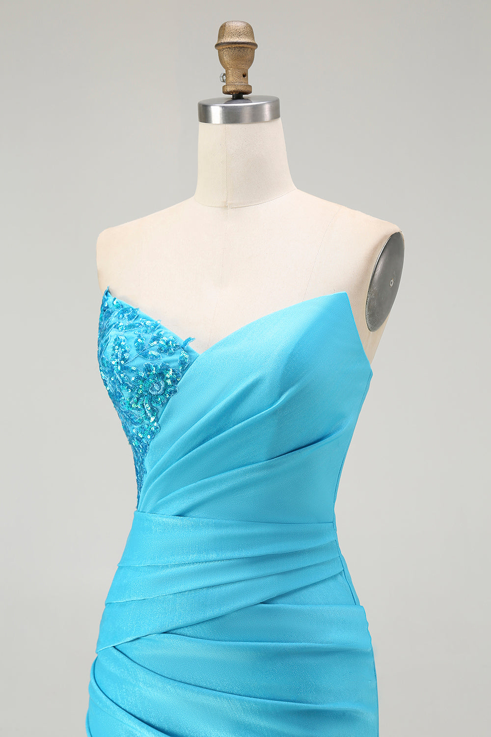 Sparkly Blue Satin Mermaid Ruched Long Prom Dress with Slit