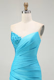 Sparkly Blue Satin Mermaid Ruched Long Prom Dress with Slit