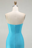 Sparkly Blue Satin Mermaid Ruched Long Prom Dress with Slit