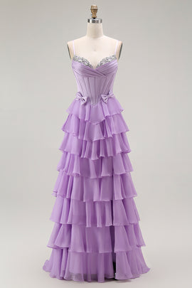 Purple Chiffon A Line Tiered Long Corset Prom Dress with Bows