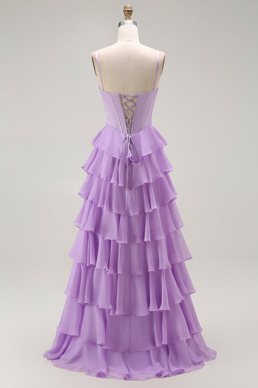 Purple Chiffon A Line Tiered Long Corset Prom Dress with Bows