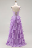 Purple Chiffon A Line Tiered Long Corset Prom Dress with Bows