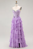 Purple Chiffon A Line Tiered Long Corset Prom Dress with Bows
