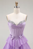 Purple Chiffon A Line Tiered Long Corset Prom Dress with Bows