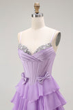 Purple Chiffon A Line Tiered Long Corset Prom Dress with Bows