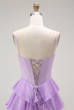 Purple Chiffon A Line Tiered Long Corset Prom Dress with Bows