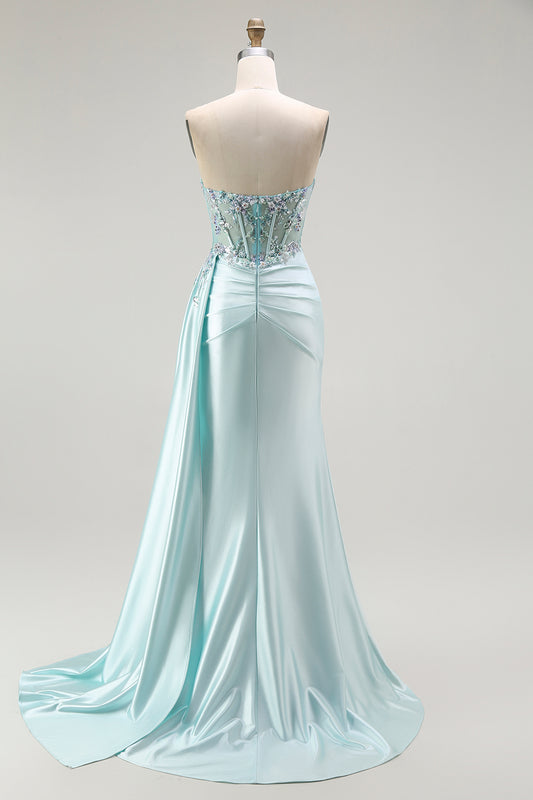 Sparkly Light Green Floral Corset Long Prom Dress with Slit