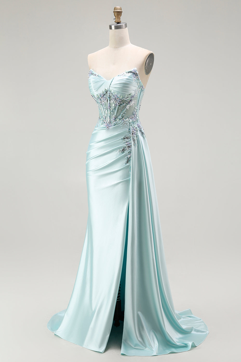 Sparkly Light Green Floral Corset Long Prom Dress with Slit